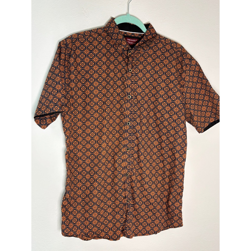 Consequence‎ Mens Short Sleeve Button Down Shirt Orange Navy Geometric Floral L